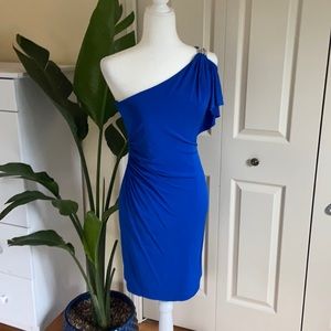 David Meister royal blue one-shoulder cocktail dress, 6 ruched